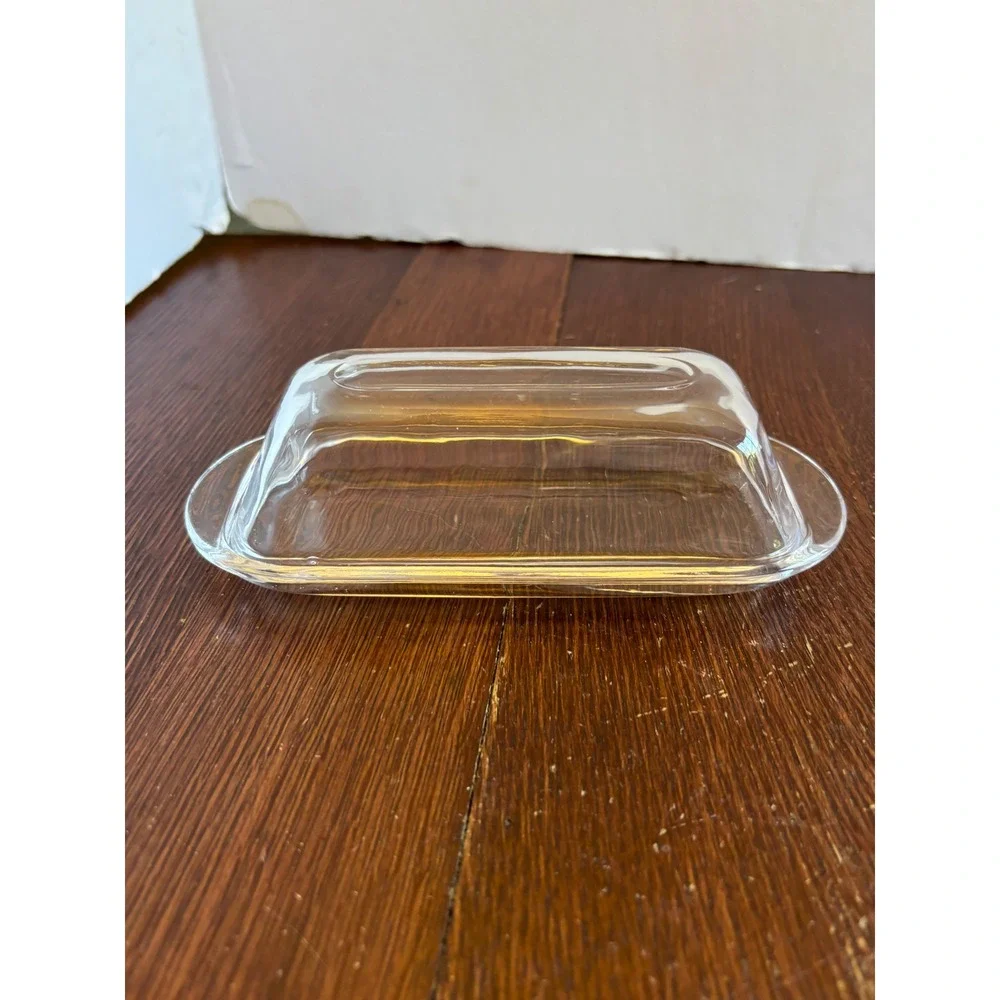 Clear Glass Butter Dish with Lid Minimalist Covered Tray Rectangular No Markings